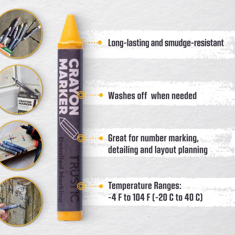 Trustic Universal Crayon Wax Marker for Industrial and Craft Detailed Marking on Lumber Metal Carton Ceramics Concrete Glass Plastic Tire 4 x 1/2", Pack of 12 (Yellow) - Image 2